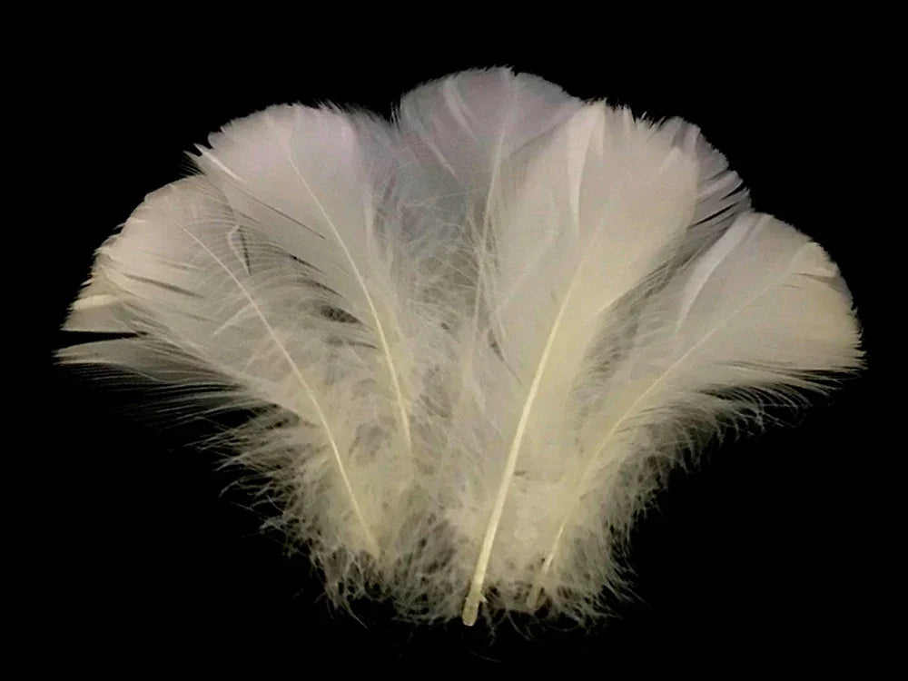Soft white fluffy feathers for DIY crafts and fashion decor on a black background