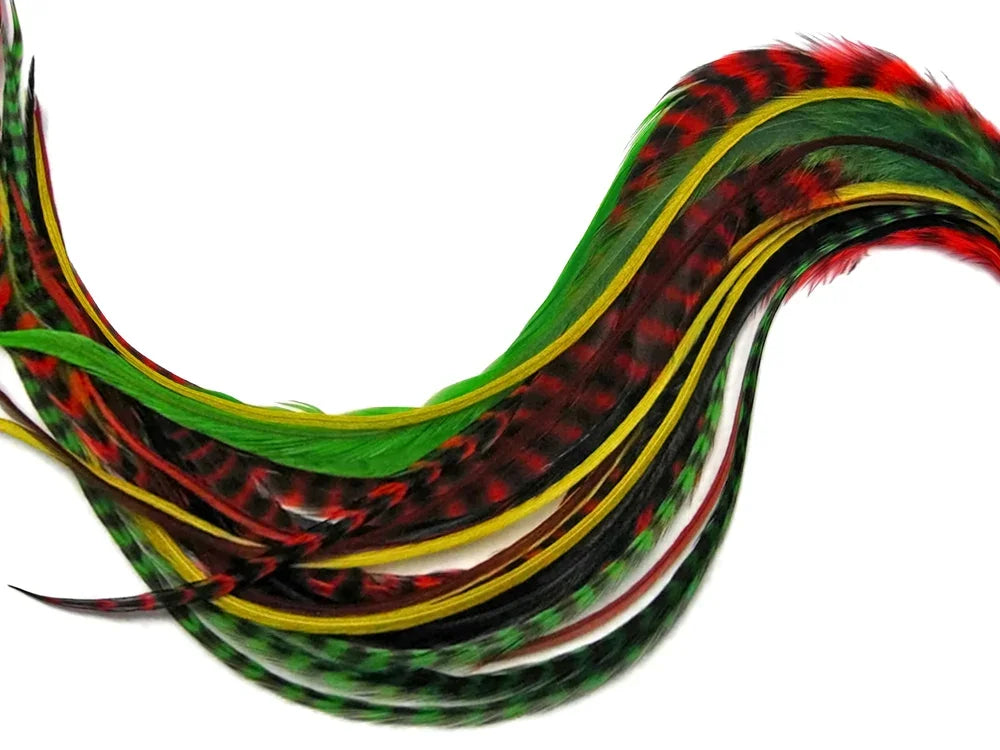 10 Strands - Jolly Combo Mix Long Whiting Farms Grizzly Rooster Saddle Hair Extension Feathers