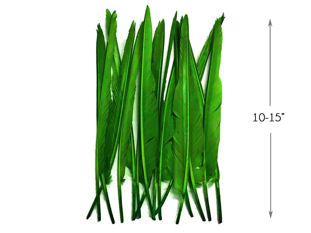 Vibrant green craft feathers, 10-15 inches long, for DIY fashion and decor.