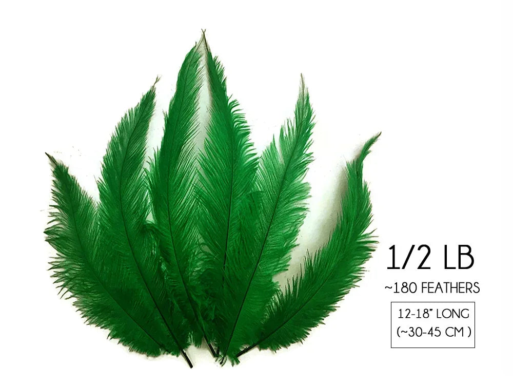 Vibrant green ostrich feathers for DIY crafts and fashion decor, 12-18 inches long.