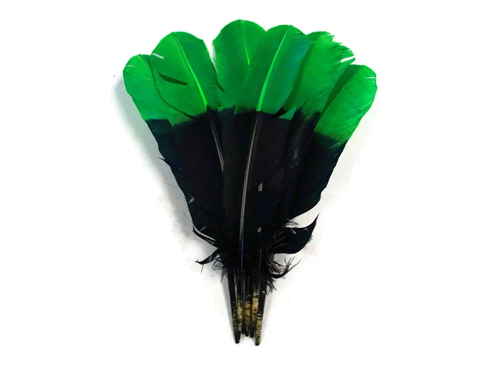 Vibrant green and black dyed feathers for DIY crafts and fashion accessories.