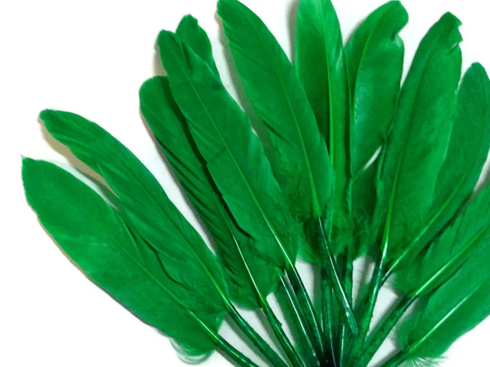 Vibrant green feathers for DIY crafts and fashion decor on a white background.