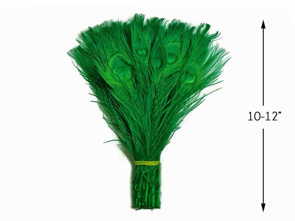 5 Pieces – Kelly Green Bleached & Dyed Peacock Tail Eye Feathers 10-12” Long