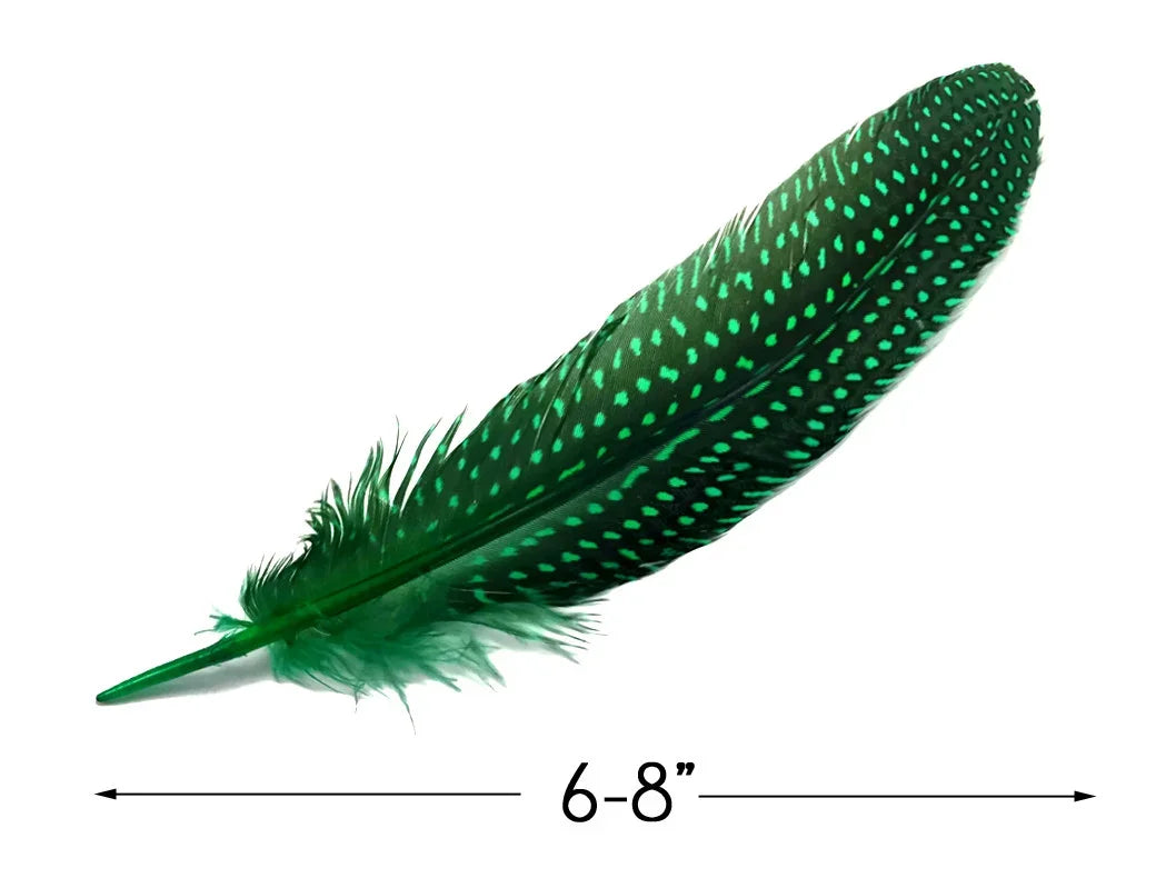 Green patterned craft feather, 6-8 inches long, for DIY fashion and décor.