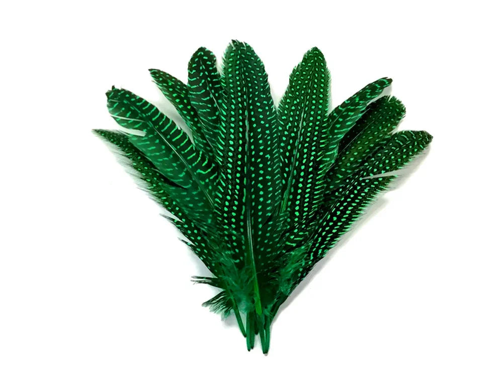 Vibrant green feathers with black spotted patterns for DIY crafts and fashion decor.