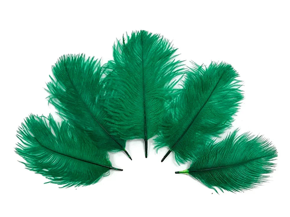 Set of five vibrant green ostrich feathers for crafts and fashion decor.