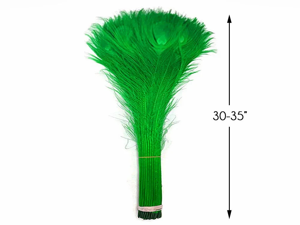 Bundle of vibrant green feathers for crafts and decor, 30-35 inches long.