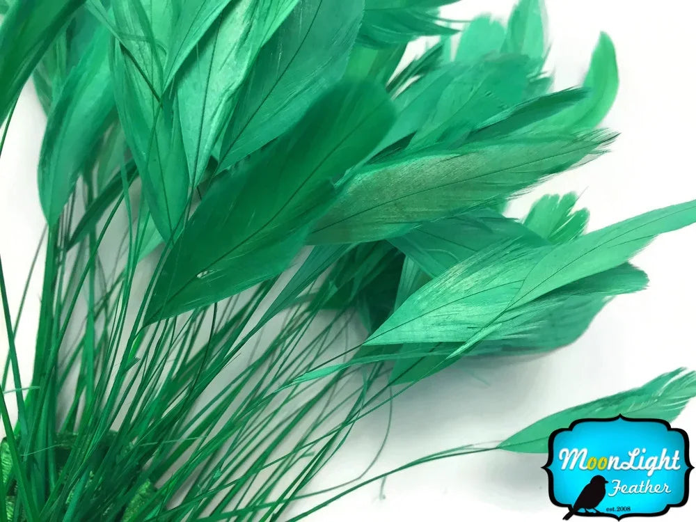 Vibrant green dyed feathers for DIY crafts and fashion accessories.