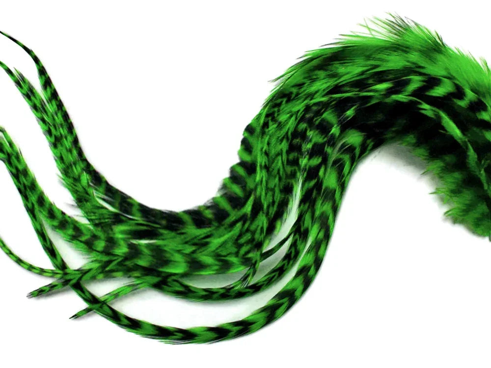 Vibrant green and black striped craft feathers for DIY fashion and decor.