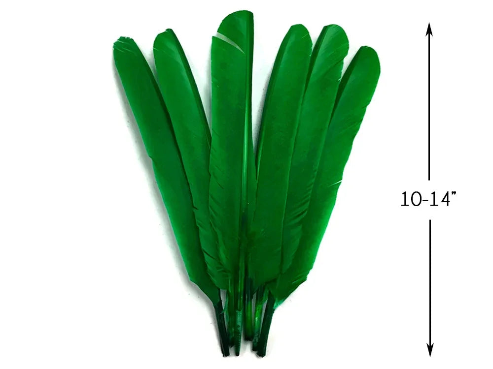 Set of long green feathers for crafts and fashion, 10-14 inches in length.