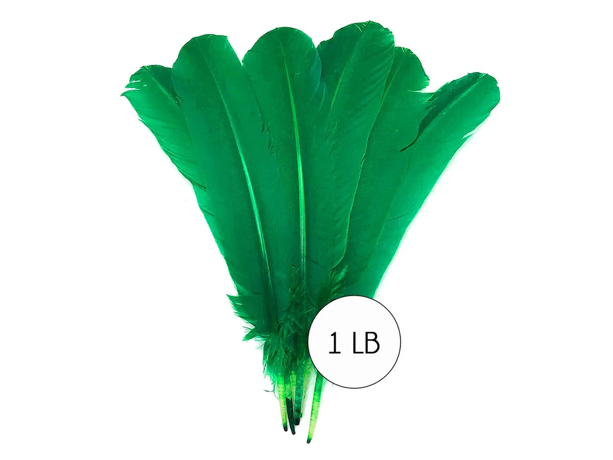 Bundle of vibrant green craft feathers, 1 lb weight for DIY fashion and decor.