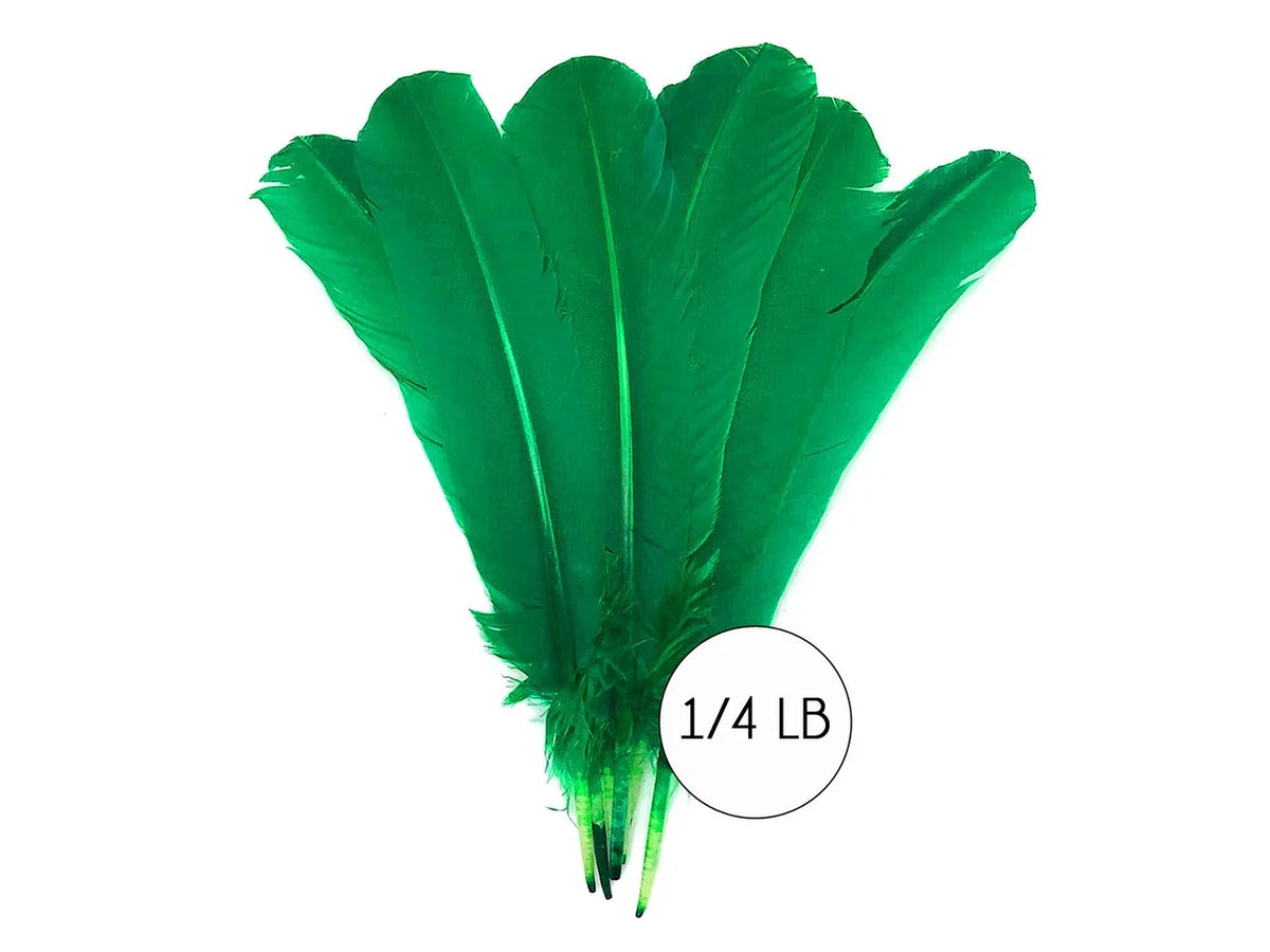 Bundle of vibrant green craft feathers, 1/4 lb pack for DIY fashion and décor.
