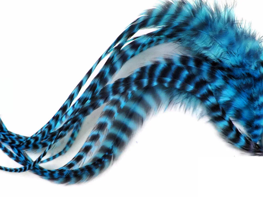 Vibrant blue and black striped decorative feathers for crafts and fashion DIY projects.