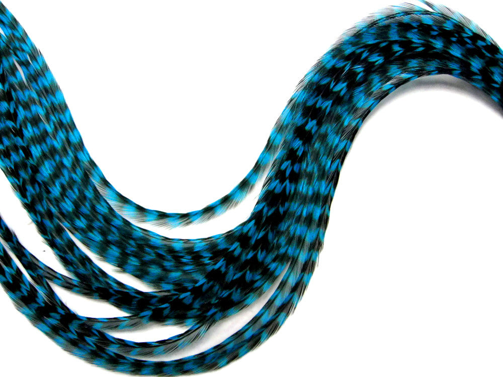 4 Pieces - Kingfisher Blue Thin Long Grizzly Whiting Farm Rooster Hair Extension Feathers
