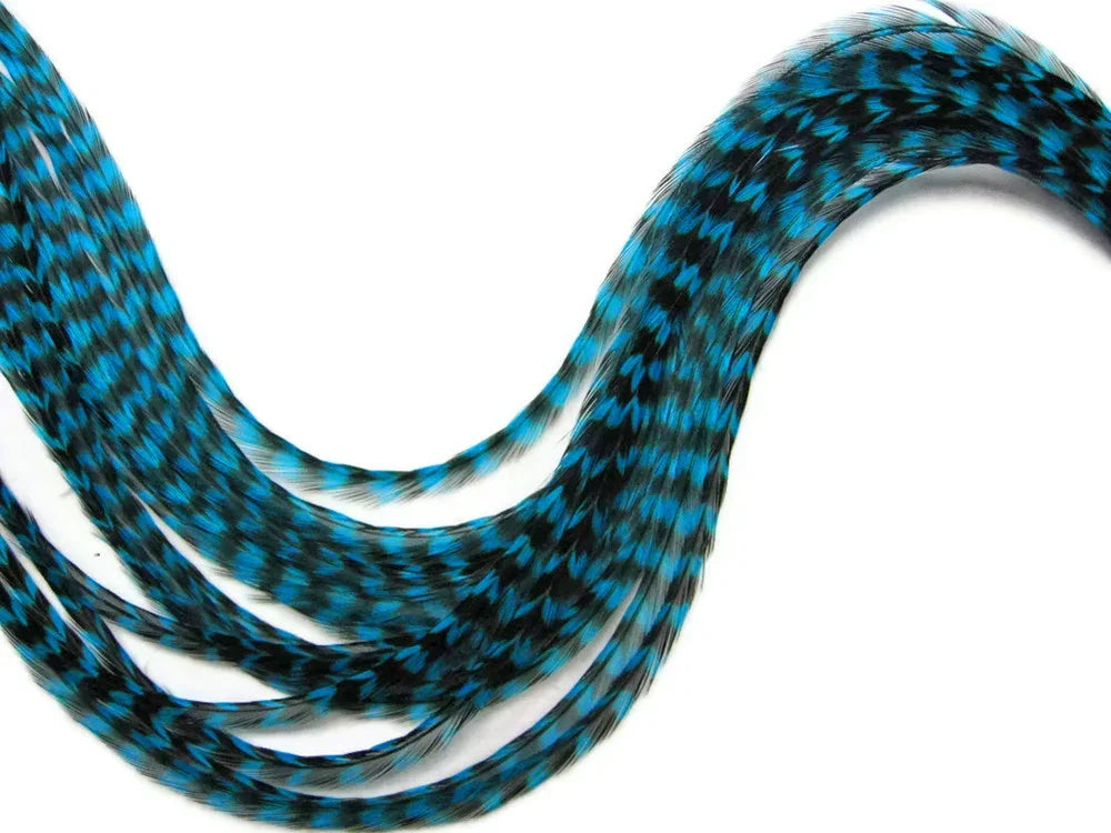 Long blue and black patterned feathers for DIY crafts and fashion accessories.