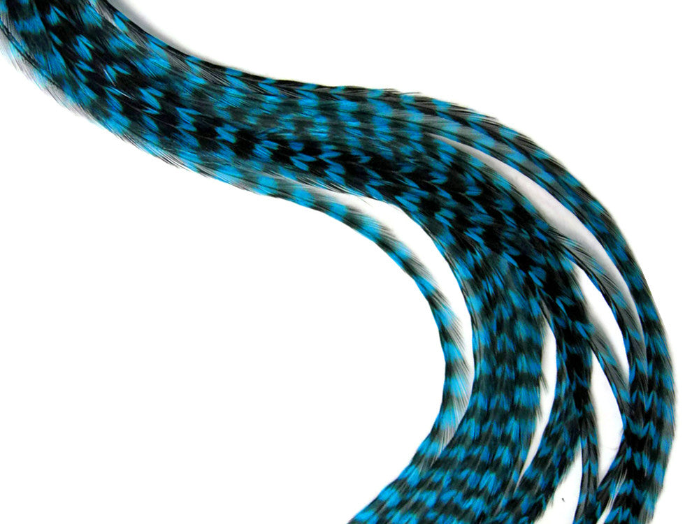 4 Pieces - Kingfisher Blue Thin Long Grizzly Whiting Farm Rooster Hair Extension Feathers