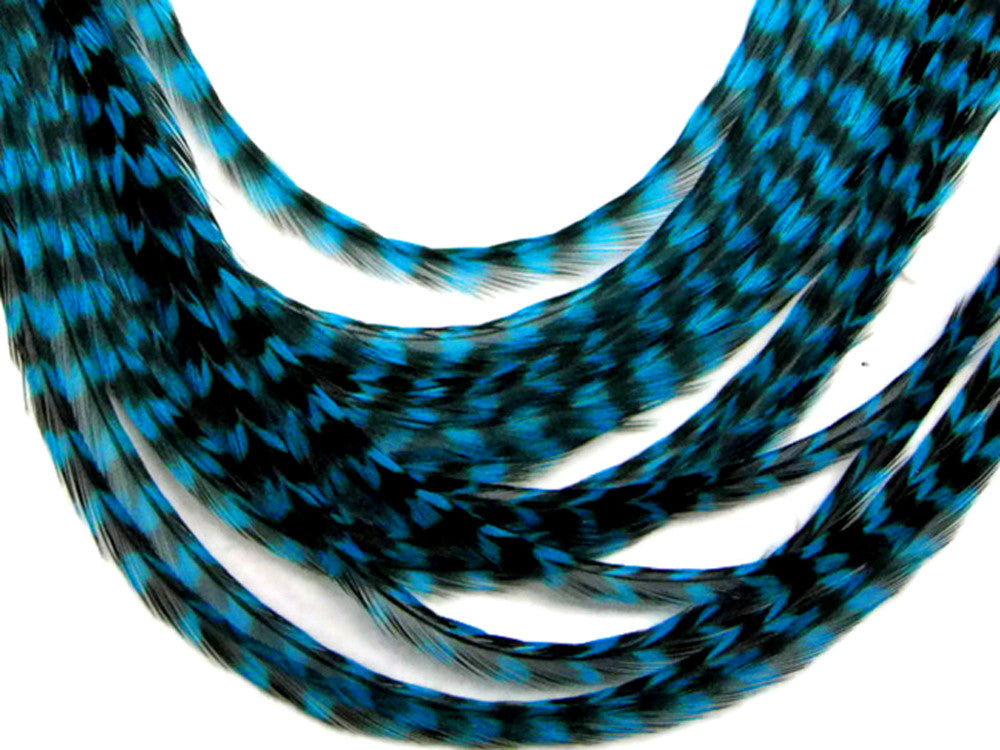 4 Pieces - Kingfisher Blue Thin Long Grizzly Whiting Farm Rooster Hair Extension Feathers