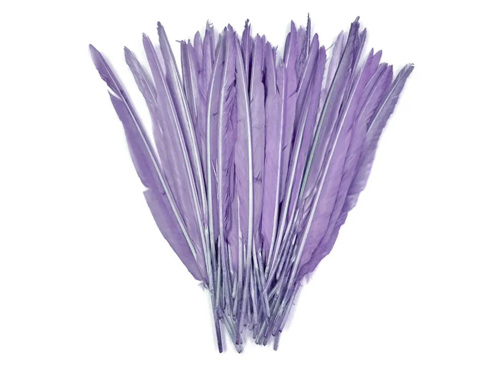 Bundle of vibrant purple dyed feathers for DIY crafts and fashion accessories.