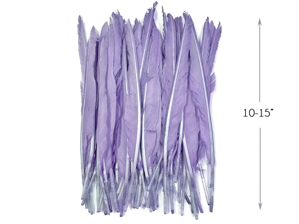 Bundle of long purple craft feathers, 10-15 inches in length for DIY fashion and decor.