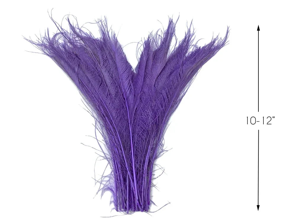 Vibrant purple ostrich feathers for crafts and fashion decor, 10-12 inches long.