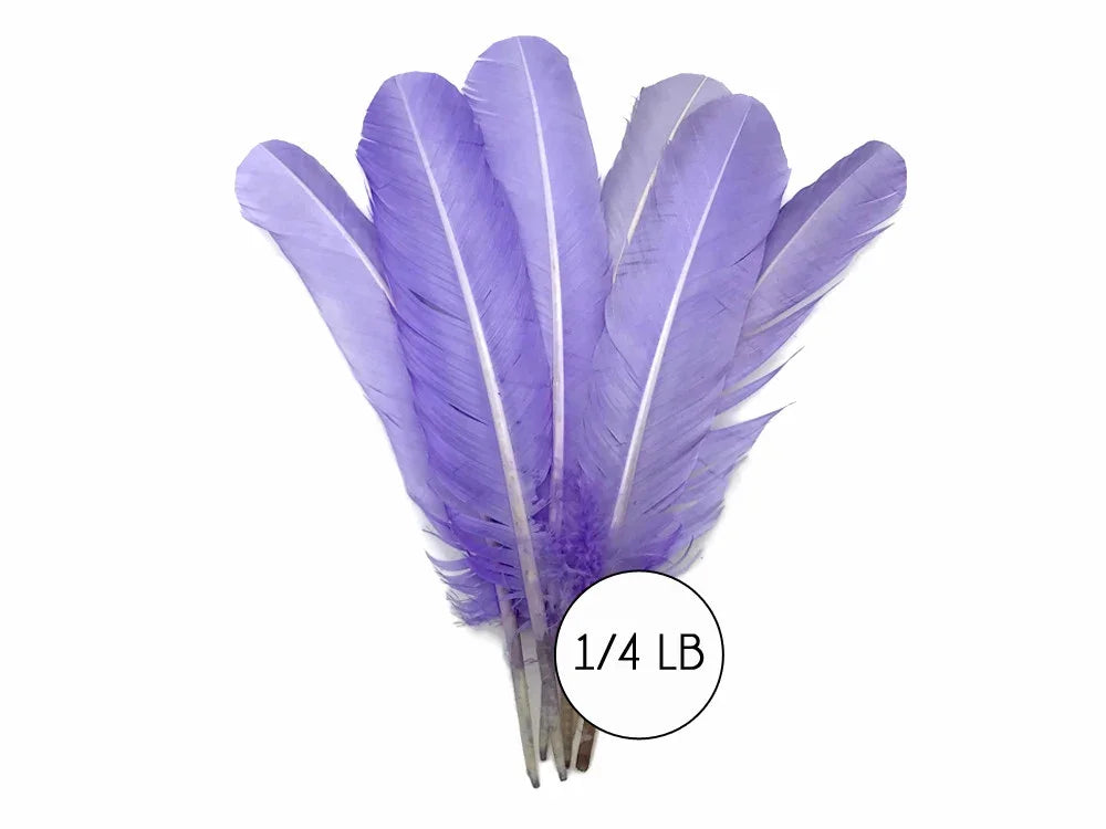 Bundle of vibrant purple craft feathers, 1/4 lb weight for DIY fashion and decor.