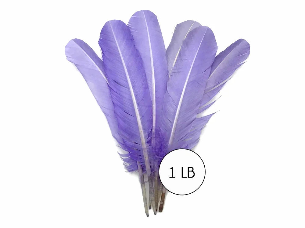 Bundle of vibrant purple craft feathers, 1 lb bulk pack for DIY fashion and decor.