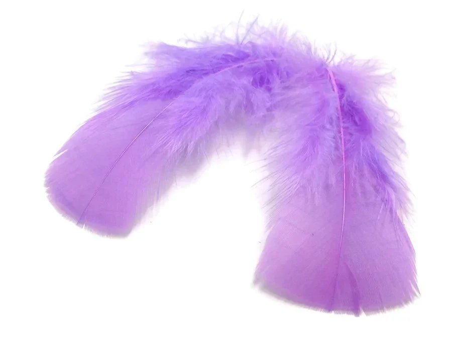 Two soft purple feathers for DIY crafts and fashion accessories on a white background.