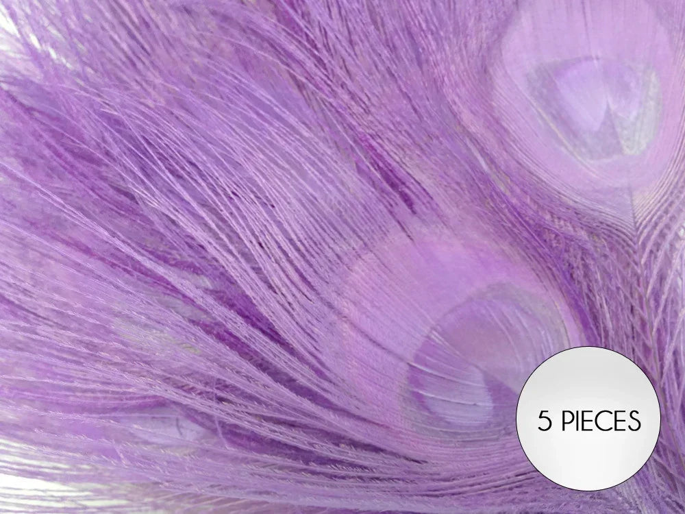 Set of 5 vibrant purple peacock feathers for DIY crafts and fashion decor.