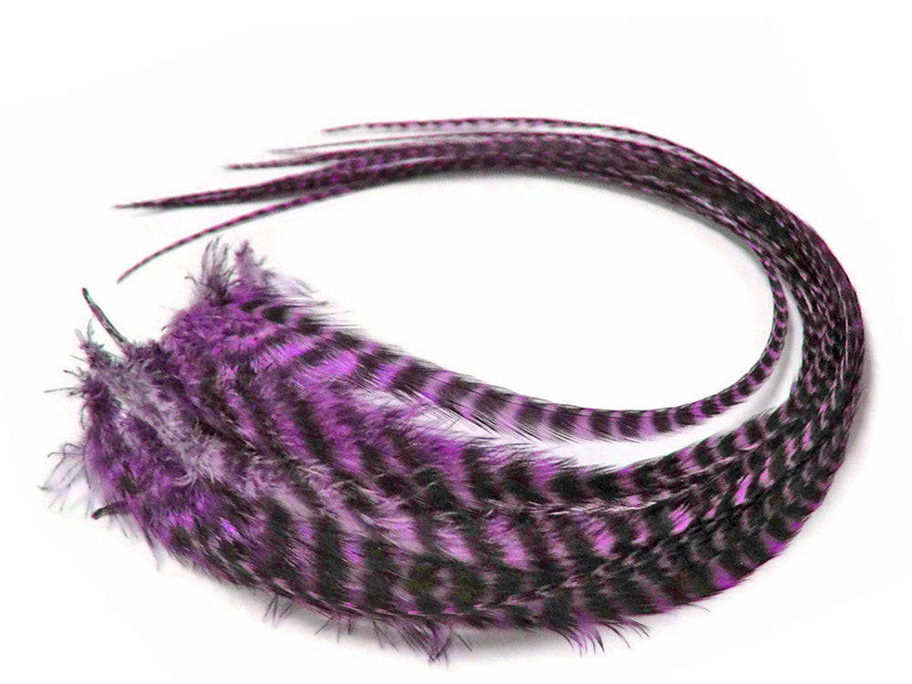 6 Pieces - Lavender Thick Long Grizzly Rooster Hair Extension Feathers