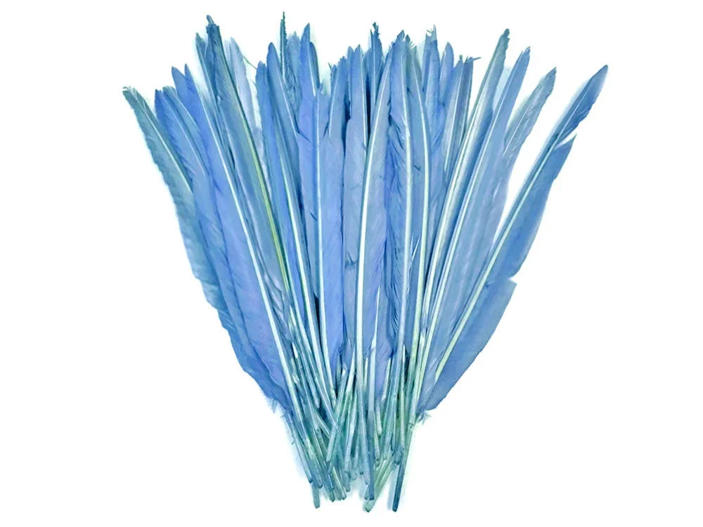 Bundle of vibrant light blue craft feathers for DIY fashion and decor projects.