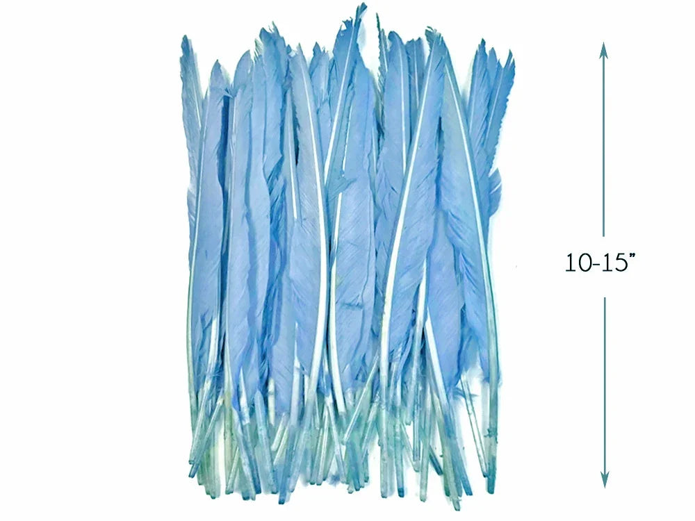 Long light blue craft feathers for DIY fashion and decor, 10-15 inches in length.