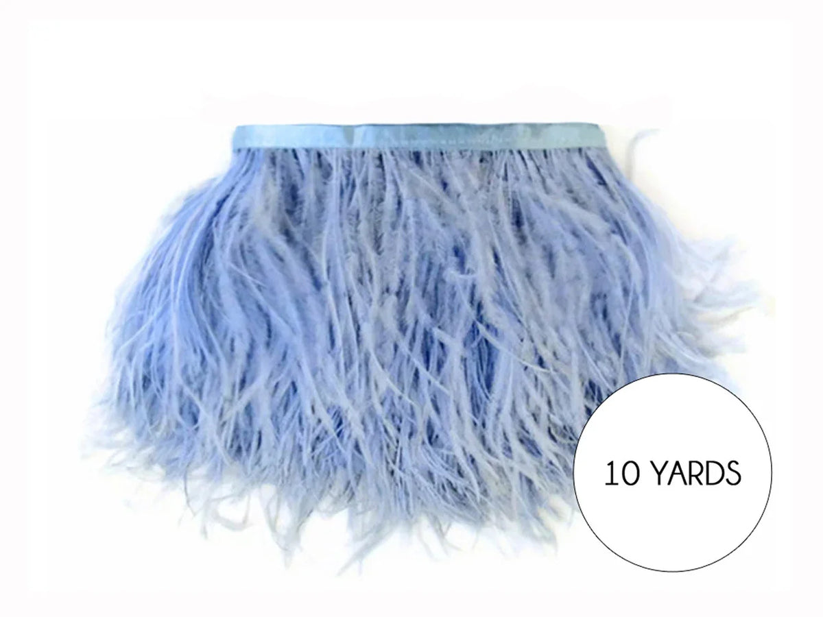 Light blue ostrich feather trim for fashion and DIY crafts, 10 yards roll.