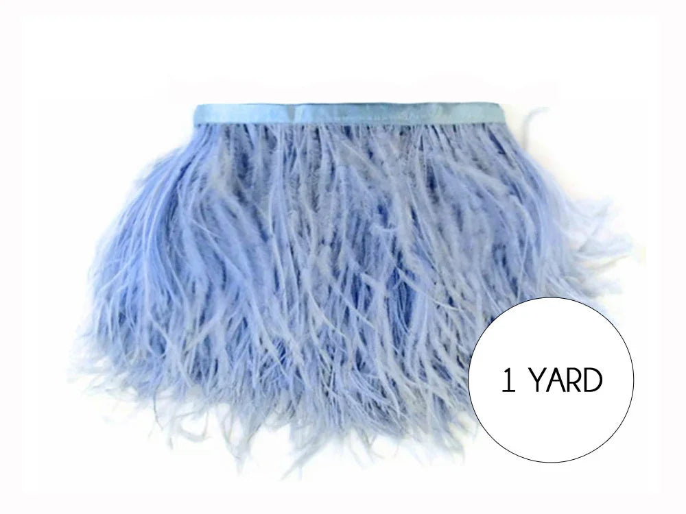 One yard of light blue ostrich feather trim for fashion and DIY crafts.
