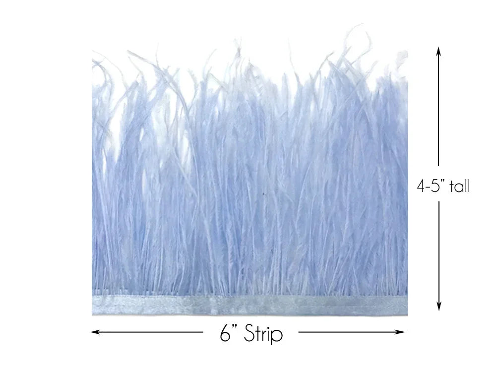 6-inch light blue feather trim strip, 4-5 inches tall for DIY crafts and fashion decor.