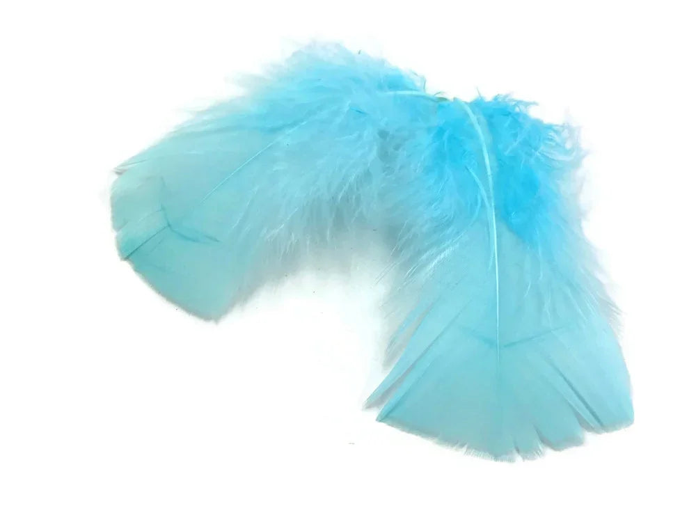 Two vibrant light blue decorative feathers for crafts and fashion DIY projects.