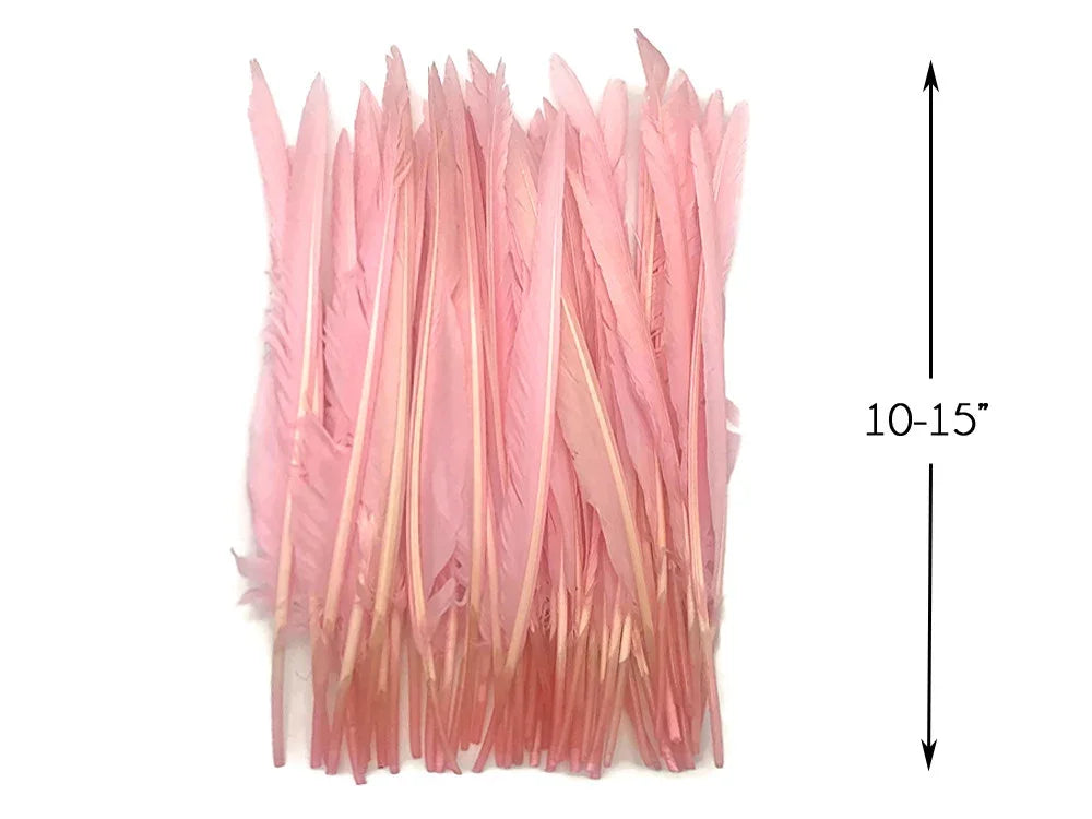 Bundle of long pink feathers for crafts and fashion decor, 10-15 inches in length