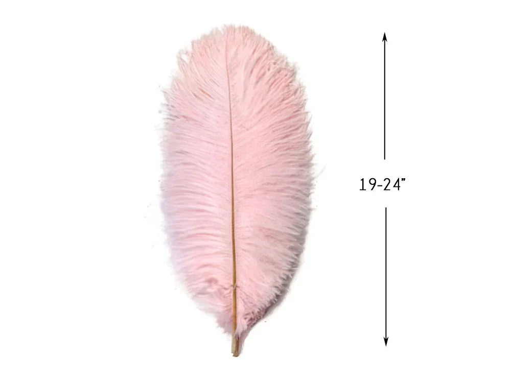 Large soft pink ostrich feather for crafts and DIY decor, 19-24 inches long.