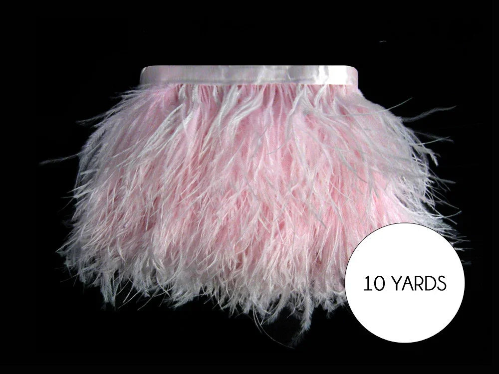 10 yards of soft pink ostrich feather trim for crafts and fashion decor.