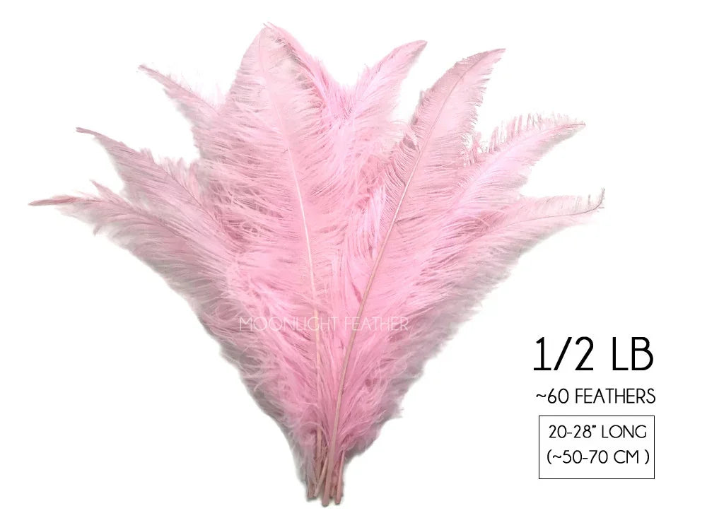 Bundle of 60 soft pink ostrich feathers, 20-28 inches long for crafts and decor.