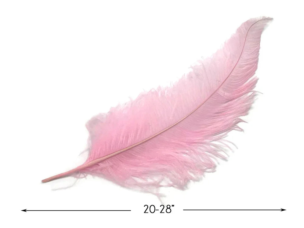 Large soft pink ostrich feather for DIY crafts and fashion decor, 20-28 inches long.