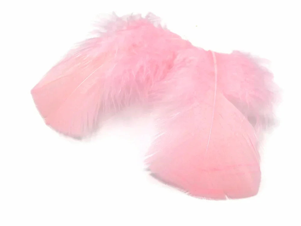Two soft pink decorative feathers for crafts and fashion DIY supplies.