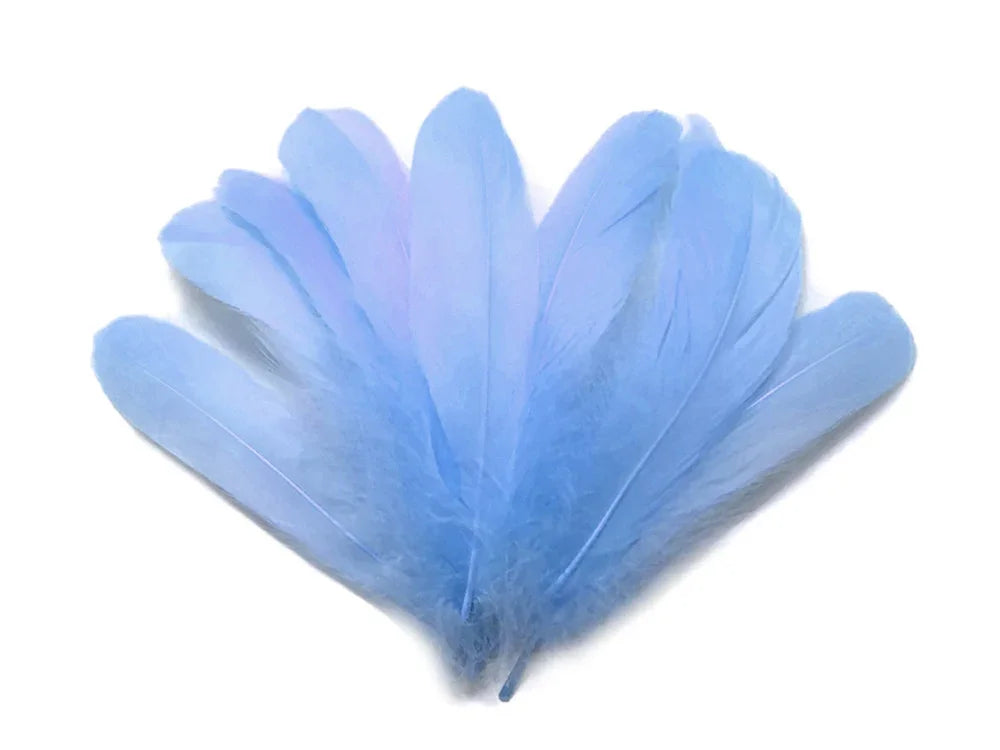 Light blue decorative feathers for DIY crafts and fashion accessories.