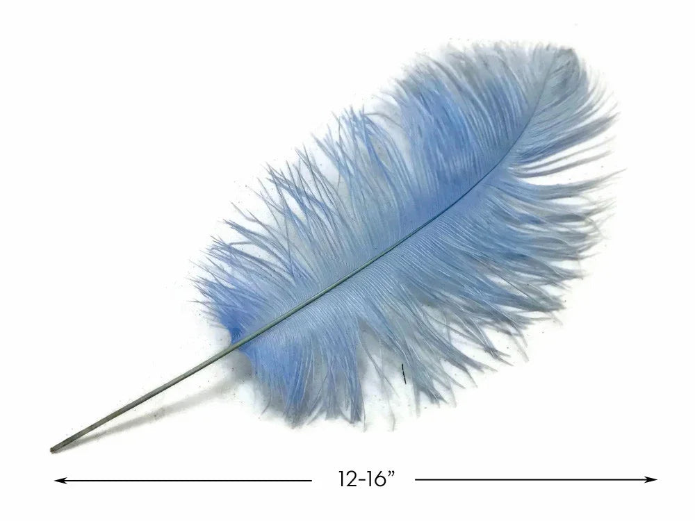 Light blue ostrich feather for crafts and fashion decor, 12-16 inches long.