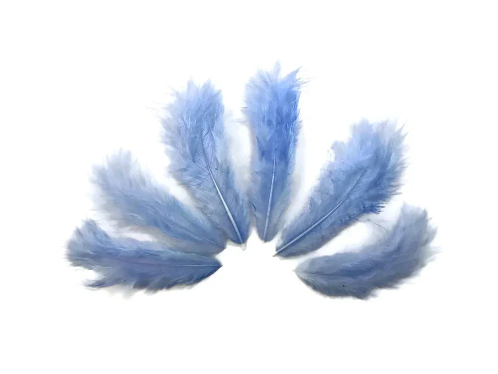 Set of soft light blue decorative feathers for DIY crafts and fashion accessories.