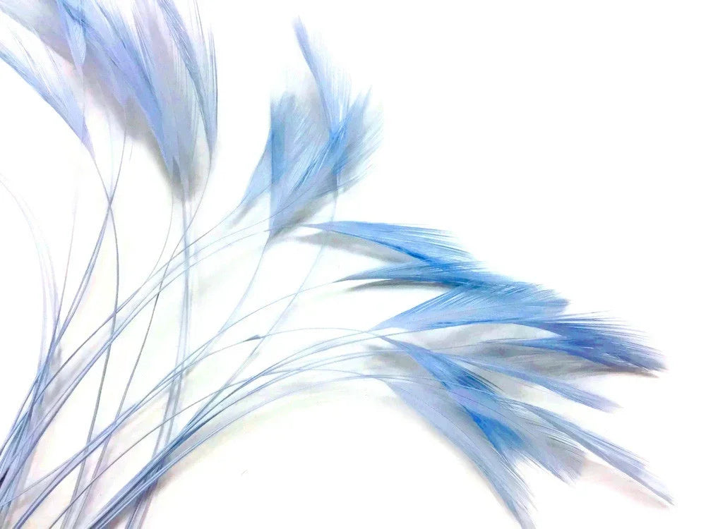 Soft light blue decorative feathers for DIY crafts and fashion accessories on a white background.