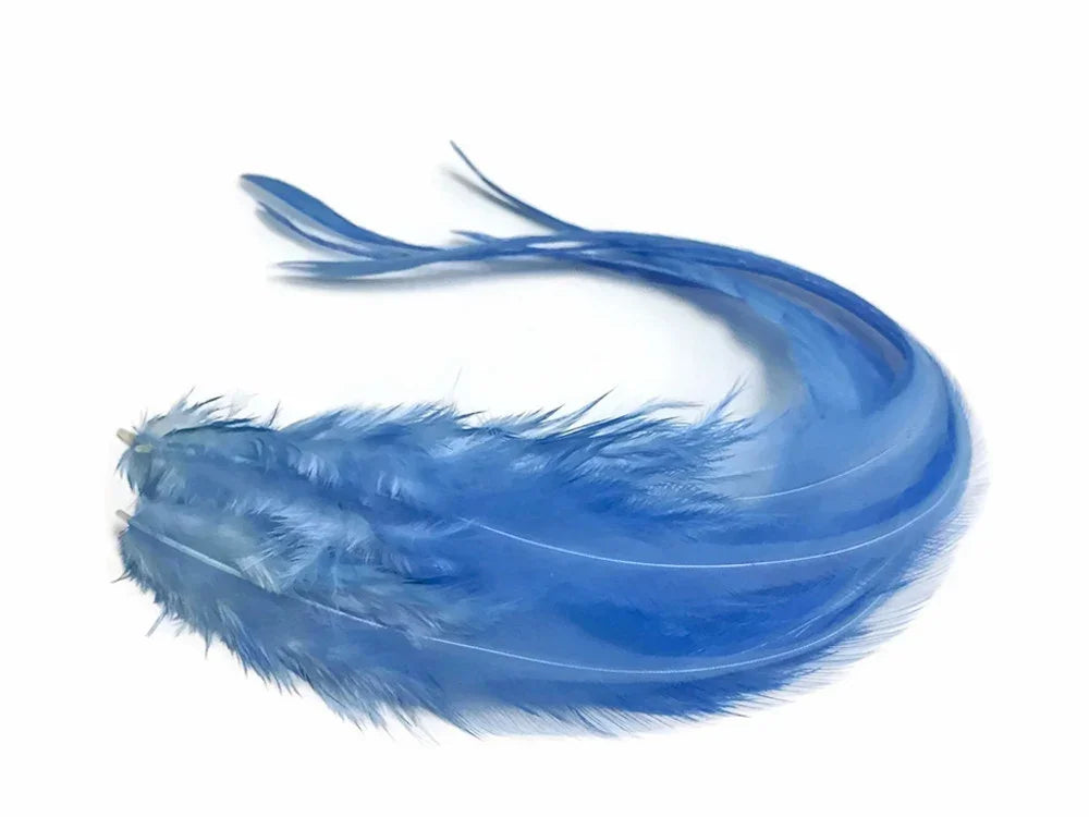 Vibrant blue decorative feathers for crafts and fashion accessories on a white background.