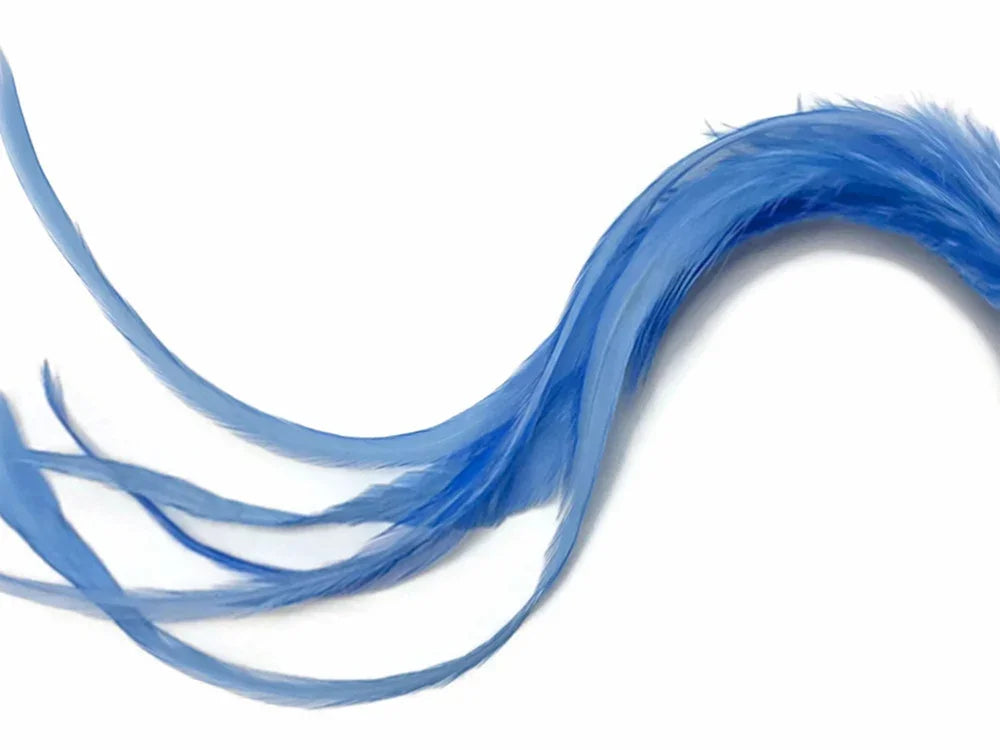 Vibrant blue decorative feathers for crafts and fashion DIY supplies on a white background.