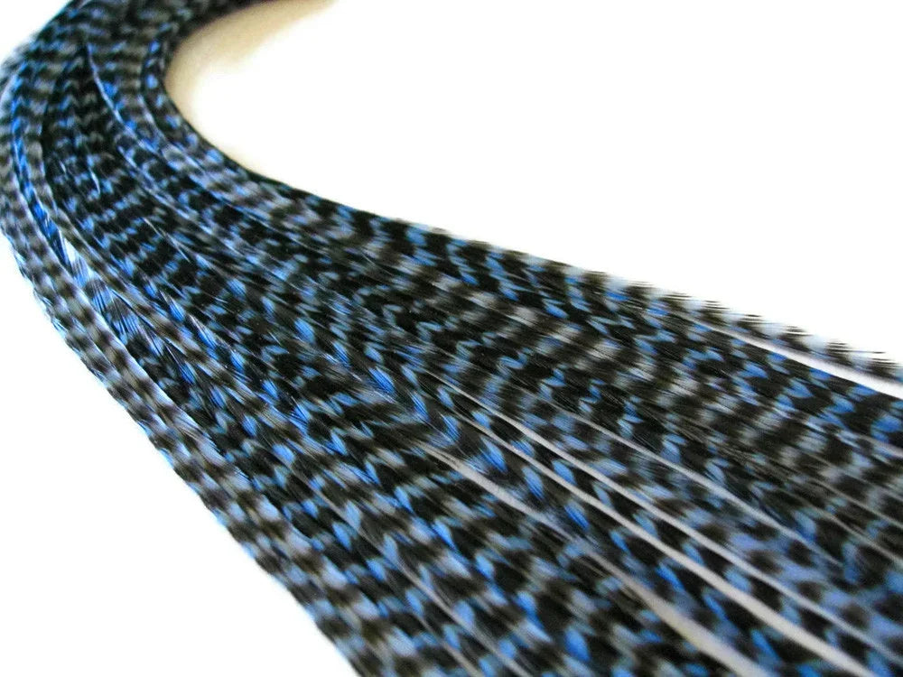 Blue and black patterned craft feathers for DIY fashion and decor.