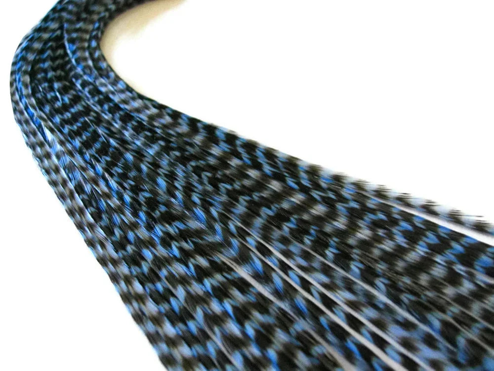 Blue and black patterned craft feathers for DIY fashion and decor.