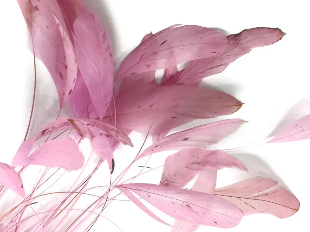 Soft pink dyed feathers for DIY crafts and fashion accessories on a white background.